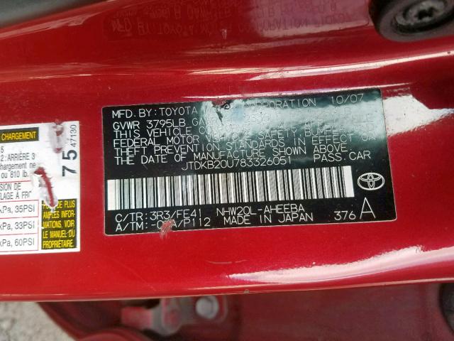 JTDKB20U783326051 - 2008 TOYOTA PRIUS RED photo 10