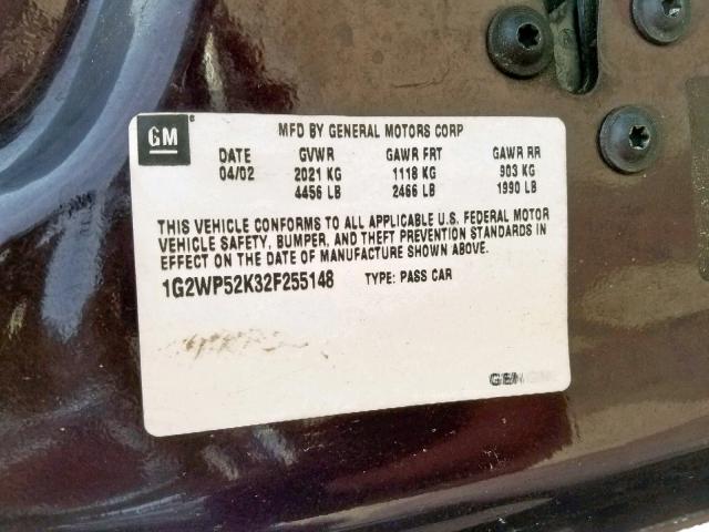 1G2WP52K32F255148 - 2002 PONTIAC GRAND PRIX PURPLE photo 10