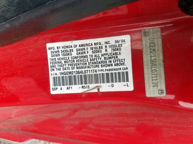 1HGEM21364L071174 - 2004 HONDA CIVIC DX V RED photo 10