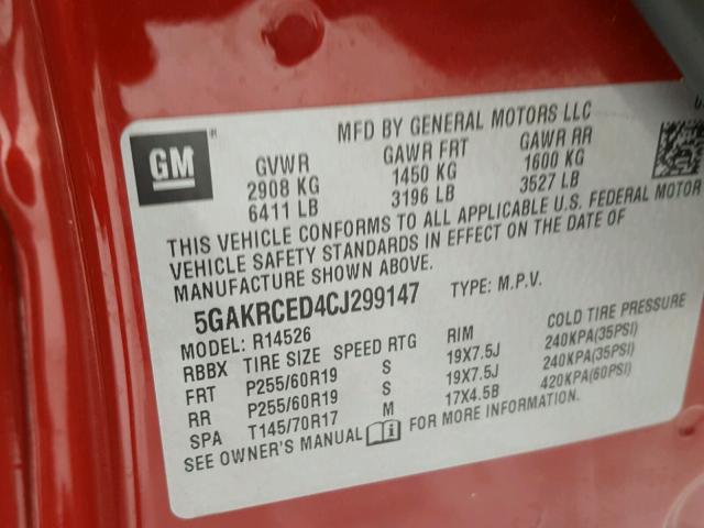 5GAKRCED4CJ299147 - 2012 BUICK ENCLAVE RED photo 10