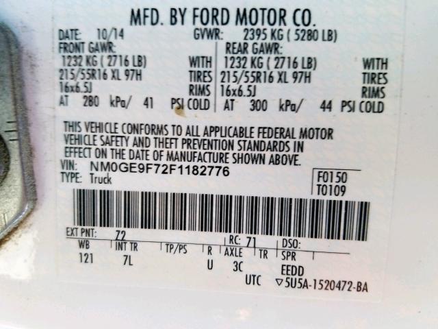 NM0GE9F72F1182776 - 2015 FORD TRANSIT CO WHITE photo 10