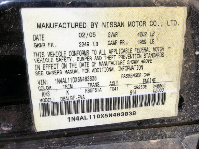 1N4AL11DX5N483838 - 2005 NISSAN ALTIMA S BLACK photo 10