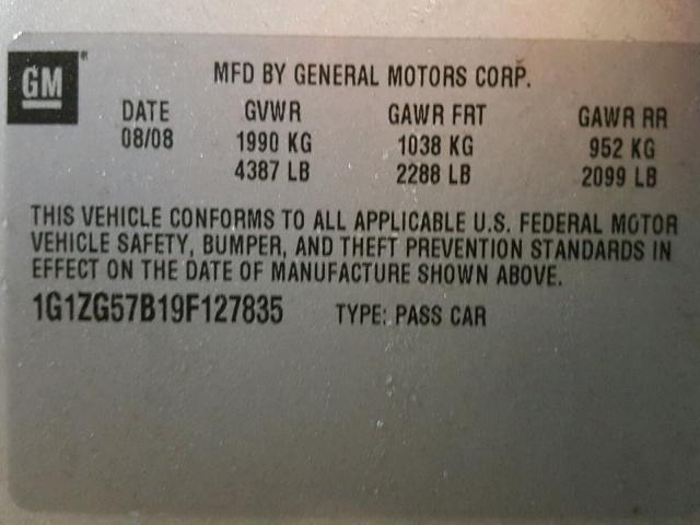 1G1ZG57B19F127835 - 2009 CHEVROLET MALIBU LS 银色 照片 10