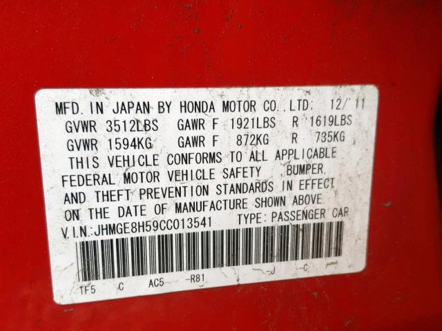 JHMGE8H59CC013541 - 2012 HONDA FIT SPORT RED photo 10