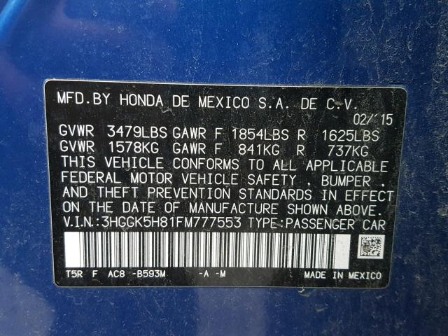 3HGGK5H81FM777553 - 2015 HONDA FIT EX BLUE photo 10