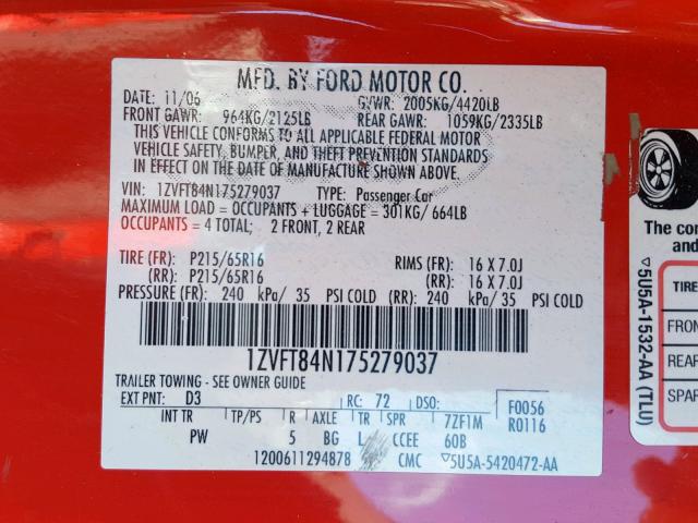 1ZVFT84N175279037 - 2007 FORD MUSTANG RED photo 10