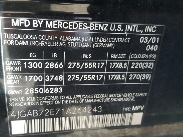 4JGAB72E71A264243 - 2001 MERCEDES-BENZ ML 430 BLACK photo 10