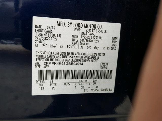 2FMPK4K95GBB94914 - 2016 FORD EDGE TITAN BLUE photo 10