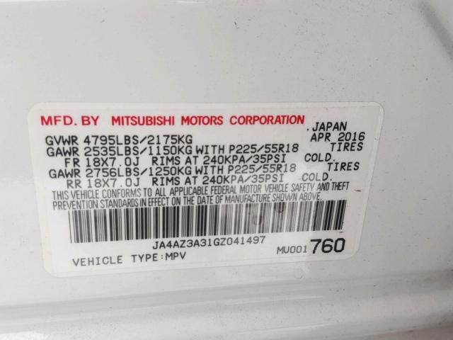 JA4AZ3A31GZ041497 - 2016 MITSUBISHI OUTLANDER WHITE photo 10