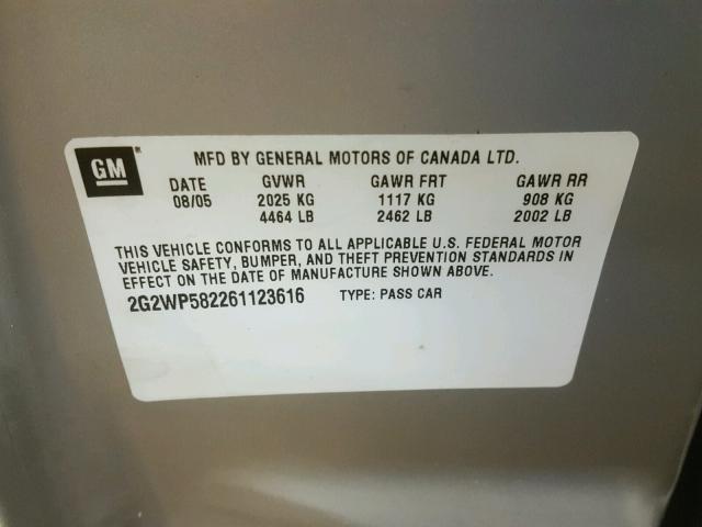 2G2WP582261123616 - 2006 PONTIAC GRAND PRIX ვერცხლისფერი ფოტო 10