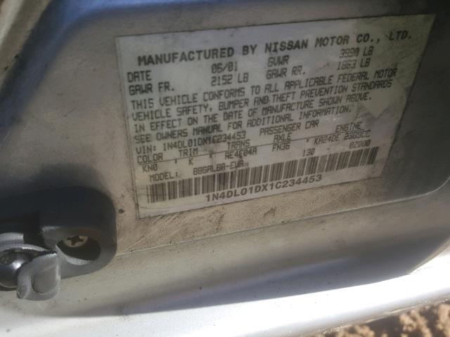 1N4DL01DX1C234453 - 2001 NISSAN ALTIMA XE SILVER photo 10