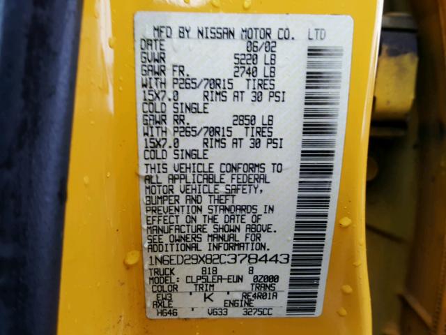 1N6ED29X82C378443 - 2002 NISSAN FRONTIER C YELLOW photo 10