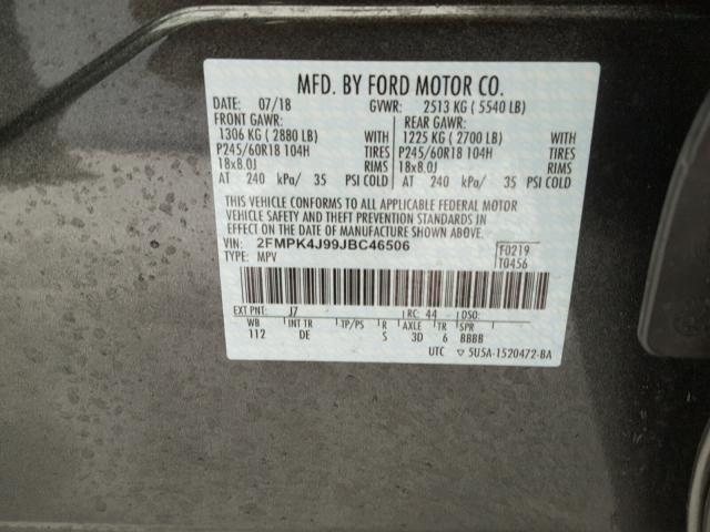 2FMPK4J99JBC46506 - 2018 FORD EDGE SEL GRAY photo 10