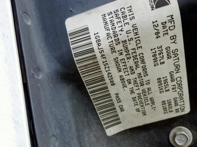 1G8AJ54F15Z142500 - 2005 SATURN ION LEVEL 白色 照片 10