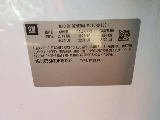 1G11C5SA7DF151878 - 2013 CHEVROLET MALIBU 1LT WHITE photo 10