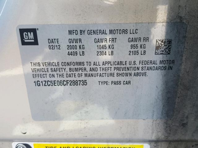 1G1ZC5E06CF288735 - 2012 CHEVROLET MALIBU 1LT BEIGE photo 10