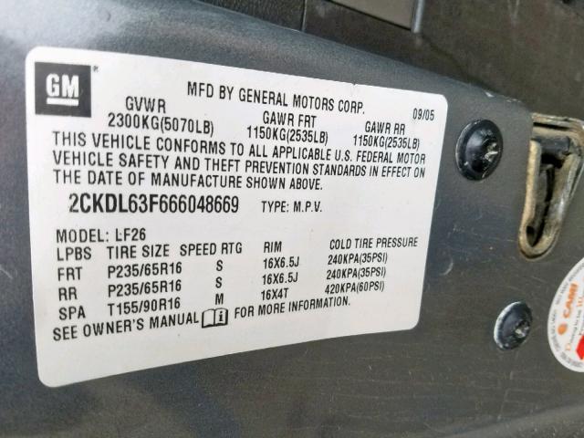 2CKDL63F666048669 - 2006 PONTIAC TORRENT GRAY photo 10