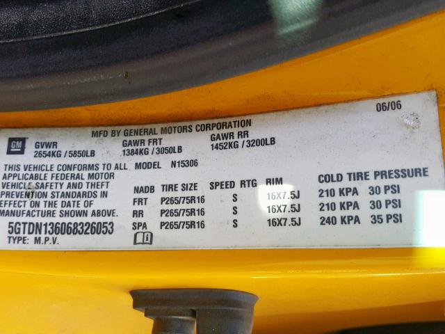 5GTDN136068326053 - 2006 HUMMER H3 YELLOW photo 10