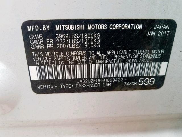 JA32U2FU6HU009422 - 2017 MITSUBISHI LANCER ES WHITE photo 10