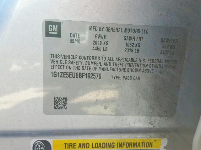 1G1ZE5EU8BF192570 - 2011 CHEVROLET MALIBU LTZ ნაცრისფერი ფოტო 10