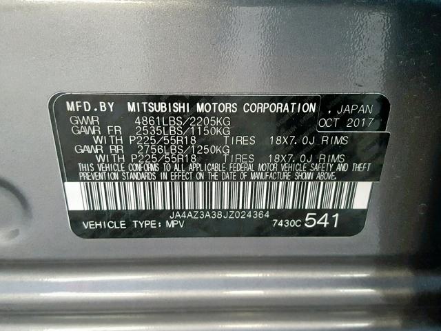 JA4AZ3A38JZ024364 - 2018 MITSUBISHI OUTLANDER GRAY photo 10