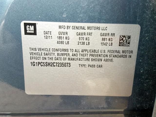 1G1PC5SH2C7235073 - 2012 CHEVROLET CRUZE LS BLUE photo 10