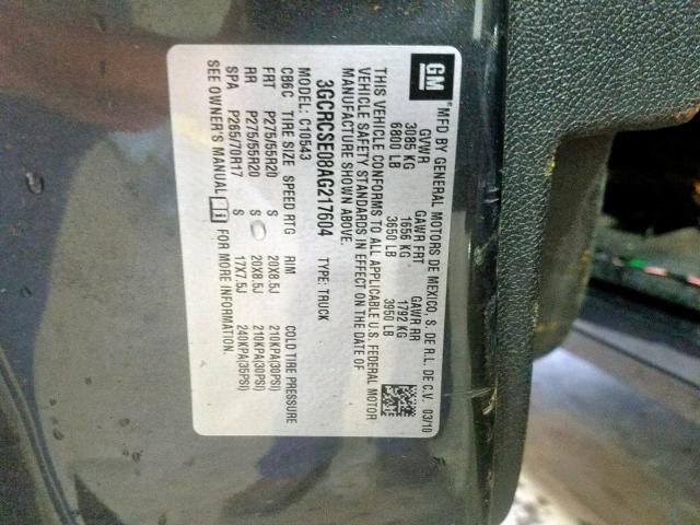 3GCRCSE08AG217604 - 2010 CHEVROLET SILVERADO GRAY photo 10