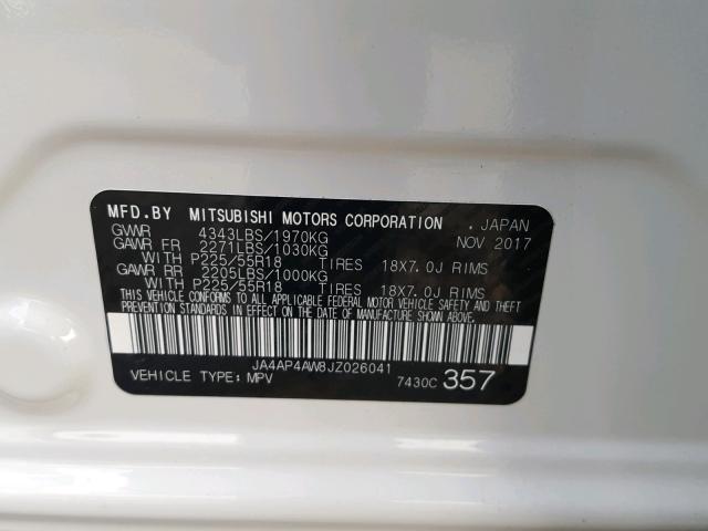 JA4AP4AW8JZ026041 - 2018 MITSUBISHI OUTLANDER WHITE photo 10