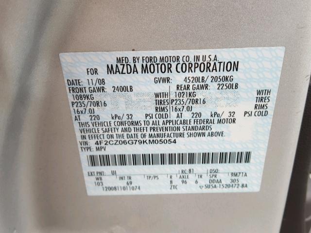 4F2CZ06G79KM05054 - 2009 MAZDA TRIBUTE S GRAY photo 10