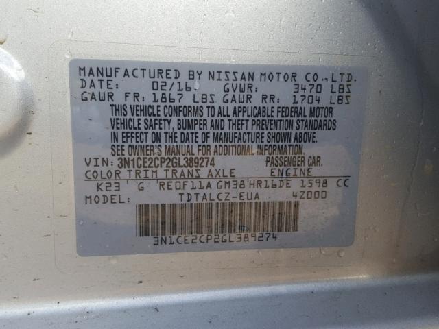 3N1CE2CP2GL389274 - 2016 NISSAN VERSA NOTE SILVER photo 10