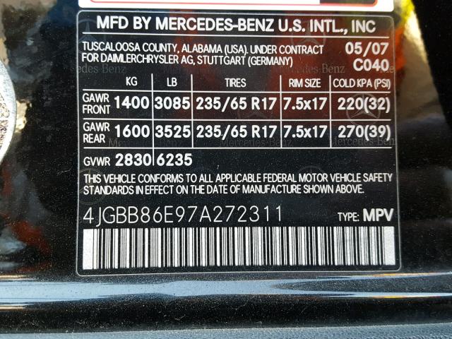 4JGBB86E97A272311 - 2007 MERCEDES-BENZ ML 350 BLACK photo 10