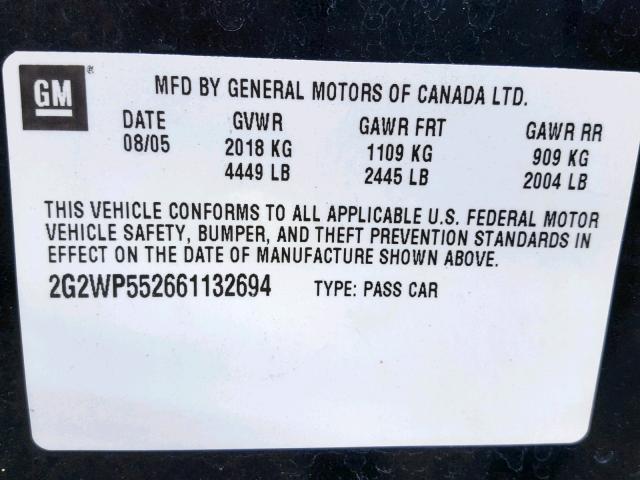 2G2WP552661132694 - 2006 PONTIAC GRAND PRIX BLACK photo 10