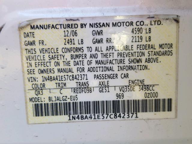 1N4BA41E57C842371 - 2007 NISSAN MAXIMA SE WHITE photo 10