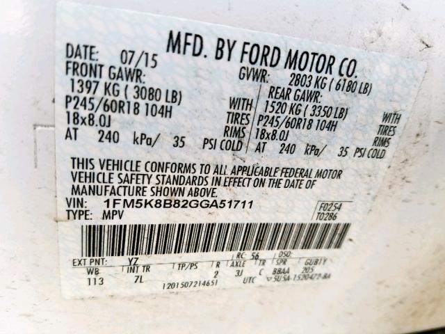 1FM5K8B82GGA51711 - 2016 FORD EXPLORER WHITE photo 10