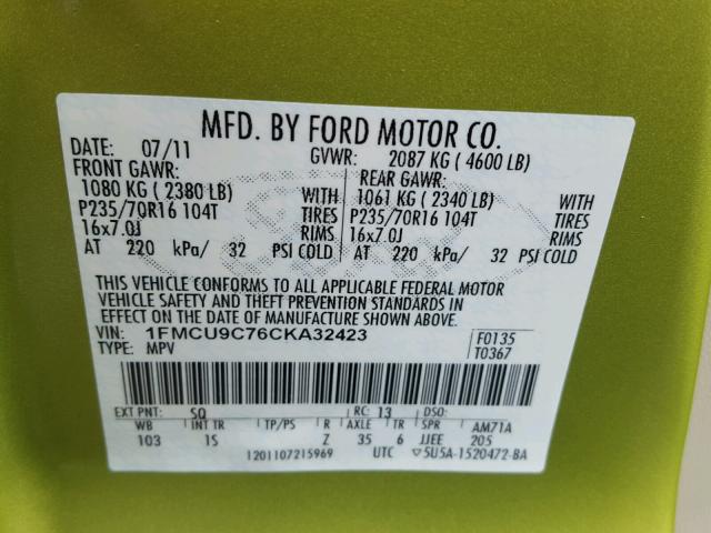 1FMCU9C76CKA32423 - 2012 FORD ESCAPE XLS GREEN photo 10