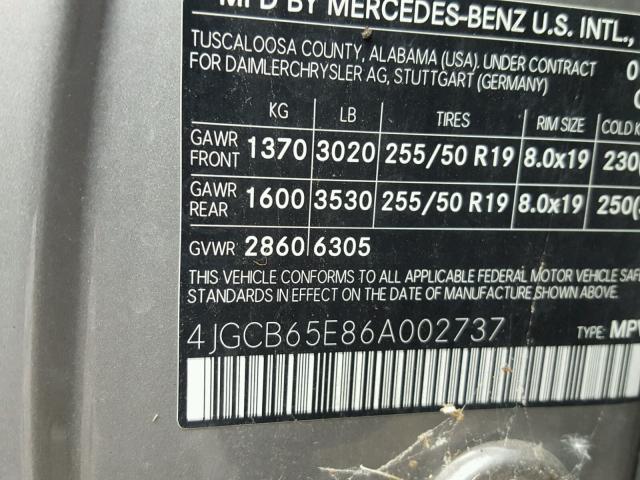 4JGCB65E86A002737 - 2006 MERCEDES-BENZ R 350 GRAY photo 10