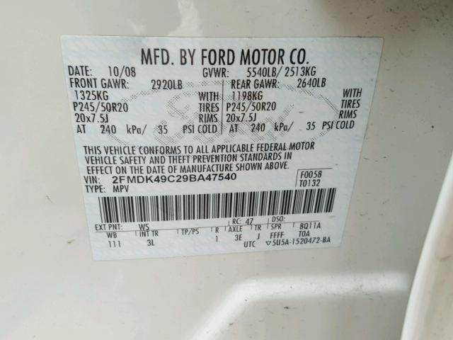 2FMDK49C29BA47540 - 2009 FORD EDGE LIMIT WHITE photo 10