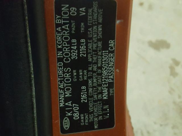 KNAFE121985013011 - 2008 KIA SPECTRA EX ORANGE photo 10