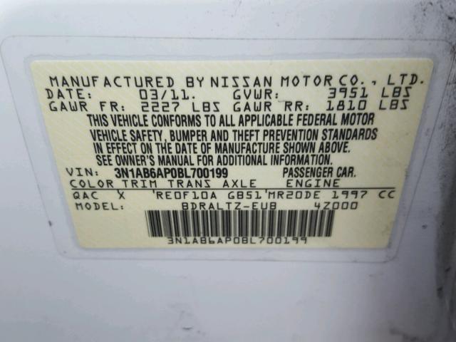 3N1AB6AP0BL700199 - 2011 NISSAN SENTRA 2.0 WHITE photo 10