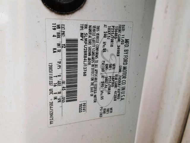 5LMFU28R84LJ13768 - 2004 LINCOLN NAVIGATOR Biały zdjęcie 10