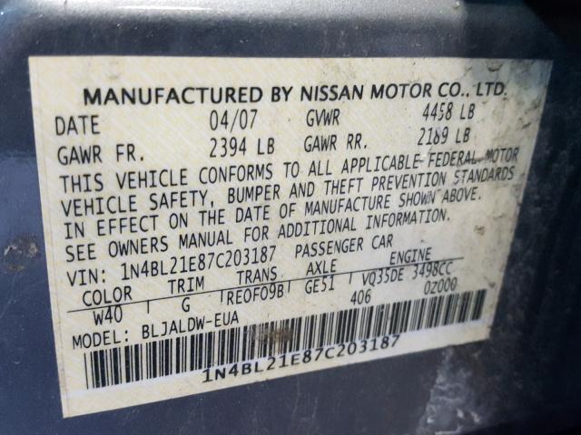 1N4BL21E87C203187 - 2007 NISSAN ALTIMA 3.5 GRAY photo 10