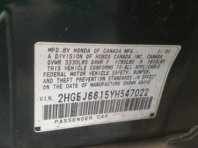 2HGEJ6615YH547022 - 2000 HONDA CIVIC BASE Yaşıl foto 10