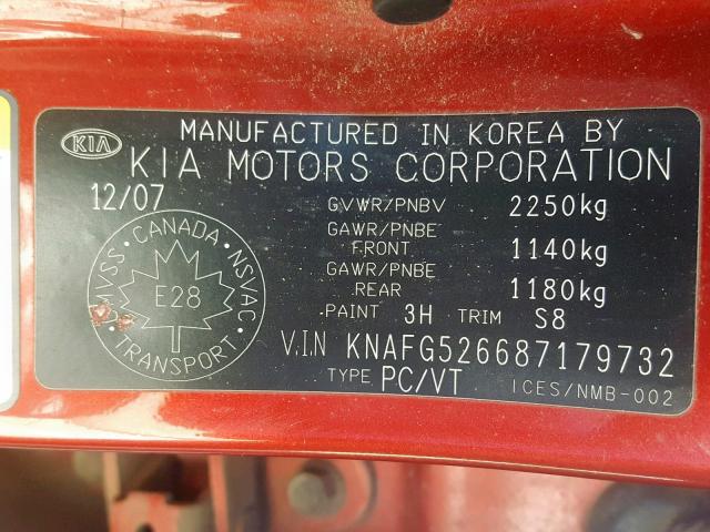 KNAFG526687179732 - 2008 KIA RONDO LX RED photo 10