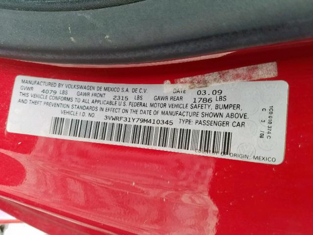 3VWRF31Y79M410345 - 2009 VOLKSWAGEN NEW BEETLE 红色 照片 10