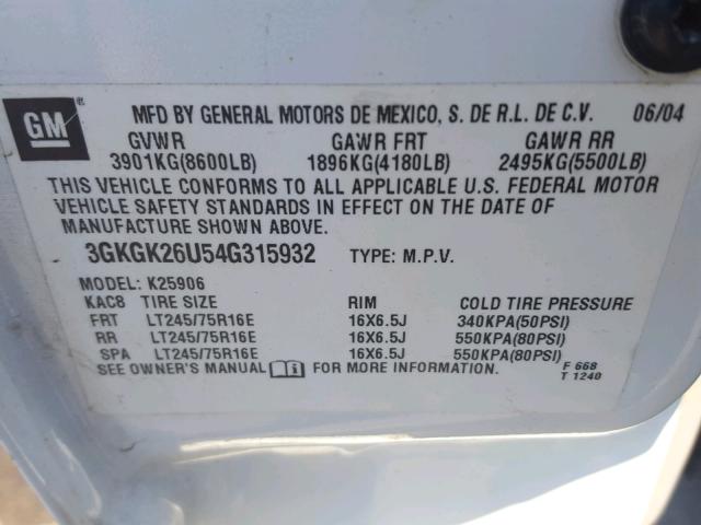 3GKGK26U54G315932 - 2004 GMC YUKON XL K WHITE photo 10