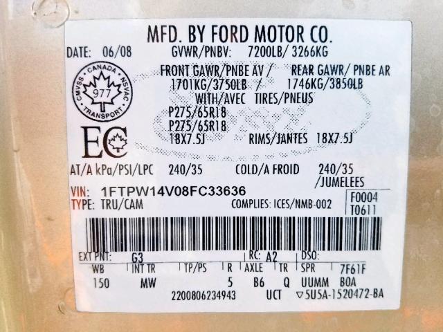 1FTPW14V08FC33636 - 2008 FORD F150 SUPER BROWN photo 10