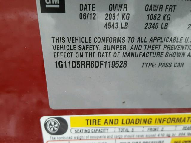 1G11D5RR6DF119528 - 2013 CHEVROLET MALIBU 1LT მუქწითელი ფოტო 10