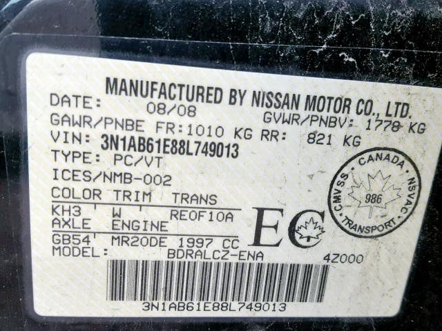 3N1AB61E88L749013 - 2008 NISSAN SENTRA 2.0 BLACK photo 10