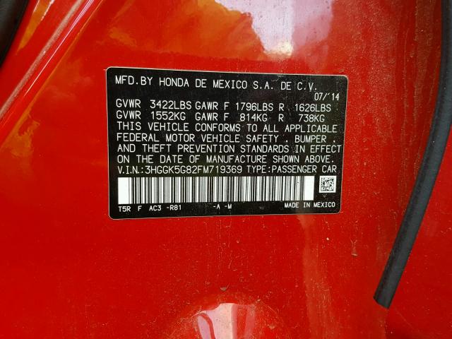 3HGGK5G82FM719369 - 2015 HONDA FIT EX RED photo 10