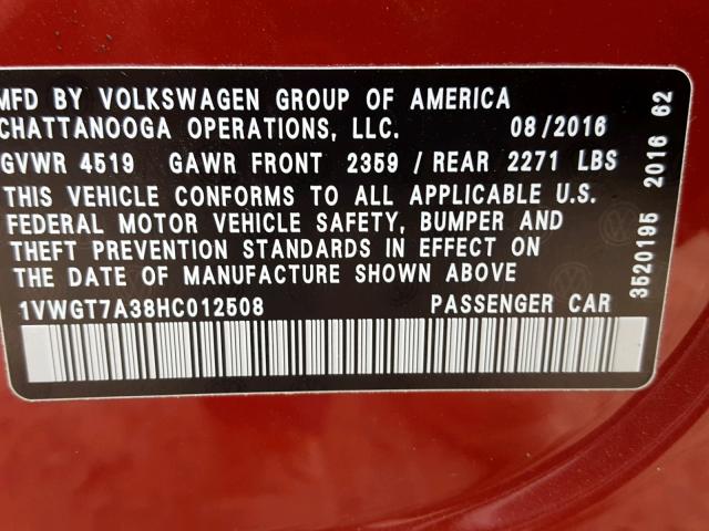 1VWGT7A38HC012508 - 2017 VOLKSWAGEN PASSAT SE RED photo 10